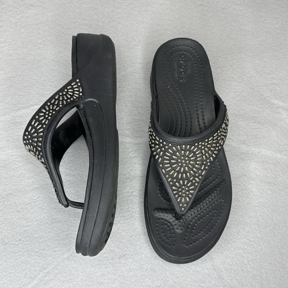 Crocs Wedge Sandals Black Monterey Diamante Womens Sz 7 Studded Platform Thong - Picture 5 of 10
